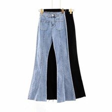 Femme Patte D’Éléphant Jean 70s Pantalon Sexy Slim Évasé Taille Haute Bleu