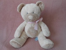 Doudou peluche ours crème beige Taffey Russ Nœud blanc rose hochet
