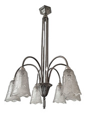 Lustre Art Deco verrerie signé MAYNADIER monture en bronze nickelé France 1930s