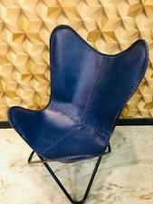 Fauteuil Papillon En Cuir Bleu Buffalo Fait Main Pour Le Salon Décor De Maison