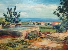 DOMENEC ARMENGOL. PISCINE FACE À LA MER. HUILE. SIGNÉ. ESPAGNE. 20E SIÈCLE