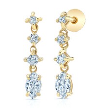 14k or Jaune Naturel Marquise Princesse Diamant Rond Pendantes Oreilles 1.08 CT