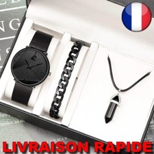 ✅ Montre+ Bracelet + Collier Cuir Homme  Sport Quartz Luxe Bijoux Mode Lumineux