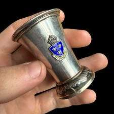Ancien Verre A Liqueur En Argent Massif & Blason Émaillé Stockholm & Jubilé 1897