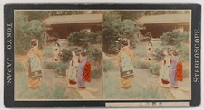 JAPON Scène avec des fleurs coloriée à la main c1890 Photo Stereo Vintage Pn2