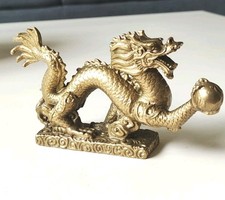 Sculpture Dragon Céleste Chinois Boule Feu. Porte-Bonheur. En Bronze Doré/14x7cm