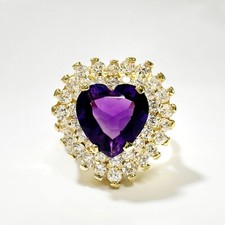 Gold Amethyst Heart and Zirconia Ring, Vintage 18k gold indigo amethyst heart