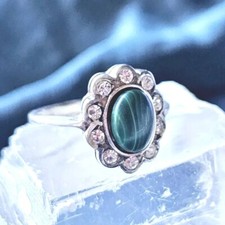 Bague style Art Déco Vintage Artisan Argent Malachite et Zircons taille 53 Fr...