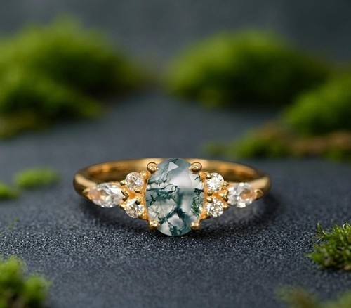 Mousse agate moissanite bague - mousse,