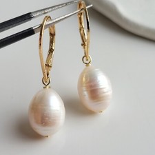 boucles d'oreilles pl or jaune perles de culture blanches d'eau douce naturelle