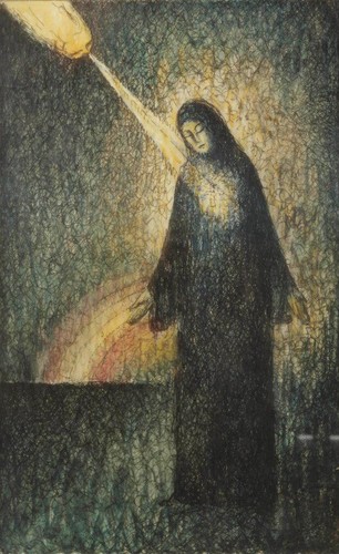 Woman lit rainbow - lit, by