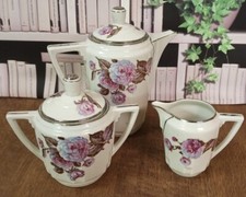 Cafetière sucrier crémier Limoges Art Déco Décor fleurs camélia liseré argenté