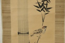 PENDENTIF ROULEAU TABLEAU JAPONAIS JAPON VIEUX MOINEAU OISEAU bambou ancien f535