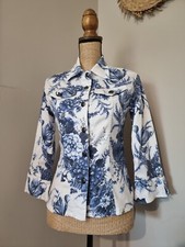 COTTONADE : VINTAGE VESTE TOILE DE JOUY FLORALE FLOWER PRINT BLEU BLANC 90s