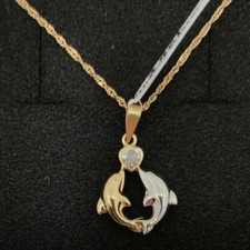 Pendentif Et Chaîne Or 18k 750 Mls. 2 Dauphins Et Coeur Du Zircon Cubique