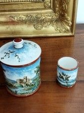 Tabatière Gien fin XIXe- Service ou pot à tabac- Décor Personnage et Paysages 