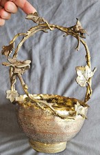 Panier cache pot cuivre & bronze + restes doré et argenté : oiseaux & branches