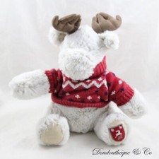 Peluche renne JACADI pull de Noël cerf caribou gris rouge marron 26 cm (VI-24385