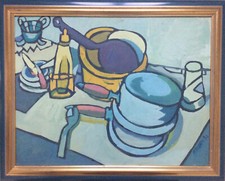 Aymery ROLLAND,1959.Nature morte à la vaisselle.1990.Huile sur toile.50x65.Cadre