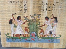 RARE antique Papyrus égyptien peint à la main - Chasse aux oiseaux et poissions 