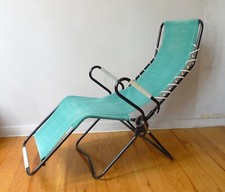 CHAISE LONGUE EN ACIER TUBULAIRE / TISSU VERT DESIGN RIO Année 60 VINTAGE 1960