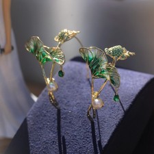 Boucles d'oreilles Serti CZ Fleur Lotus Feuille Vert Vrai Perle Art Nouveau XZ19