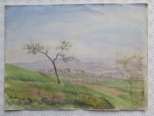 Massif Aquarelle Vintage Paysage de Campagne En Printemps Ans '60 P28.53
