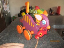 Ancien Jouets Bois de Plancher Chat au Poisson  A Roulettes de chez DJECO