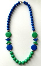 COLLIER vintage Plastique BLEU et VERT doré état NEUF ! POP 64cm