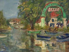 Roland DUBUC : Le café sur les berges, Huile sur toile signée