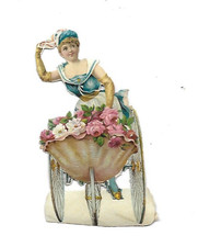 Chromo découpis fin XIXe h. 10 cms livreuse de roses en tricycle Victorian scrap