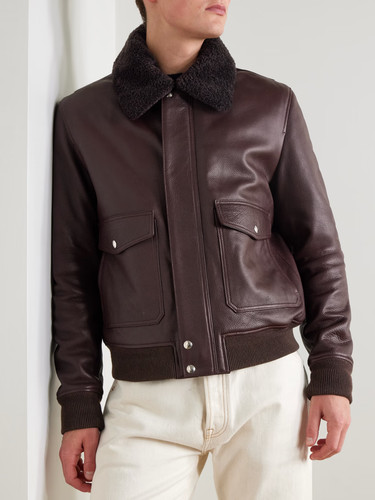 Blouson cuir bomber marron - , en