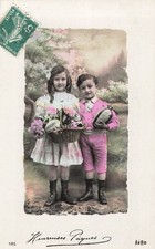 CP PAQUES PETITE FILLE GARCON ELEGANTS PANIER FLEURS OEUFS DECORES - 41054