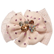 Broche pince classique gros noeud rose pâle tissu sequin violet strass