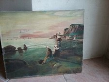 tableau ancien Hst Marine Paysage retour de Pêche signature à identifier 46x38cm