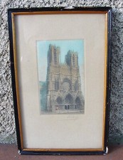 CADRE NIII AVEC LITHO CATHEDRALE REIMS + VERRE 25.2 x 16.3 cm.