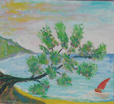 Peinture sur bois représent. arbre penché et voilier Haut 36,7 cm x large 40,3cm