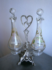 Huilier Vinaigrier c-1900 Verre émaillé Métal argenté Art Table Ancien