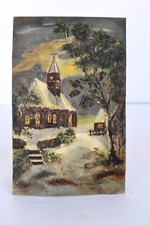 Antique Peinture Eau Couleur Mountain Église En Village Main Peint Art Rare