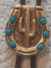 Bolo Tie FORITT vintage Cactus & Fer A Cheval Doré Turquoise  Western U.S.A