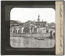 Menton, la vieille ville, mer, bateaux, photo plaque de verre, positif 8,5x10 cm