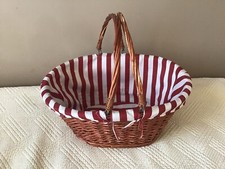 Grand Panier en osier avec anse et tissu à rayures Rouge et blanc vintage