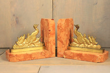 French Antique ART DECO Bookends Gilt Bronze Ducks Marble Base Pair 1930s