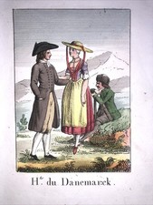 Très Rare gravure Vintage Mode Costume Habits du Danemark 1820 Bourrut Lémerie