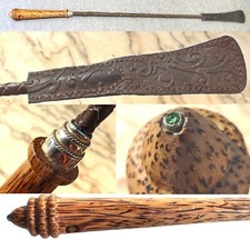 12 Ancienne neuve cravache luxe cuir Argent massif émeraude Bois de coco