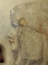 Ancien dessin pastel - Portrait jeune femme - 1921 - à identifier