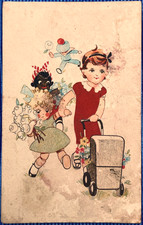 CPA Fantaisie - Fillette poussant un Landau et 3 Enfants portant des Fleurs