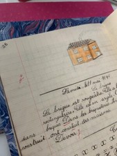 ? CAHIER 1940 D'ECRITURE  ET DESSINS ENFANT PAPIER RELIURE  ROSE BLEU SCOLAIRE