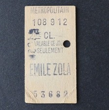 Ancien ticket Paris Métro 1939 EMILE ZOLA 53682 RATP Metropolitain 28