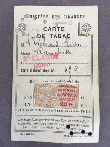 Ancienne carte tabac 1946 - ancienne,